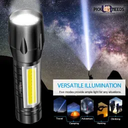 sunaze Chargeable Pocket Torch With Side COB LED Light Zooming Head Adjusting Focus LED 3 hrs Torch Emergency Light image 4