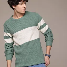 Men Striped Round Neck Green Sweater-image-94
