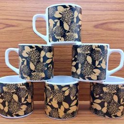 Pack of 6 Ceramic Tea/Coffee Cups Flower Bud Golden Black Printed Design Beautiful Stylist 200 ML-15