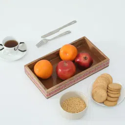 wooden home Mango Wood Red Emboss Handpainted Rectangular Serving Tray in Natural Finish-picture-7