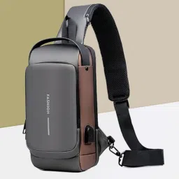 Grey Men Shoulder Bag Sling Bag USB Charging Sport Shoulder Bag High Capacity Waterproof-image-68