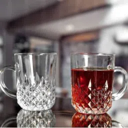 Pack of 1 Glass Tea Coffee Mug with Large Handle Fine Diamond Cut Design Transparent Glass-image-31