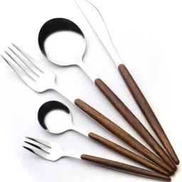 Wood Silver Cutlery Set with Wooden Handle Tableware Sets Silverware Utensils Stainless Steel Cutlery Set-14
