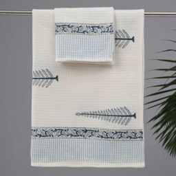peepul tree Hand Block Printed 100% Pure Cotton Floral Blue 240 GSM Super Absorbent 1 Hand and 1 Bath Towel Set-picture-43