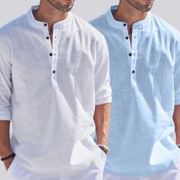 Pack of 2 Men Solid Cotton Blend Straight Kurta-image-15