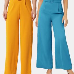 Pack of 2 Women Regular Fit Blue, Yellow Viscose Rayon Trousers-image-3