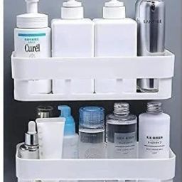 Self Adhesive Bathroom Accessories Set Bathroom Kitchen Shelf Rack Plastic Wall Shelf-image-11