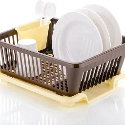 Dish Drainer Kitchen Rack Trendy 3 in 1 Combo Kitchen Utensil Drainer Basket With Tray | Dish, Vessel Drying Rack/ Holder/ Organizer - Brown Plastic-image-55