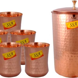 Shinee Hammer Design Copper Jug Glasses Set Antique Luxury Design - ( Capacity - 1.8 Liter ) - 7 Pieces Drinkware Set Jug Glass Set-image-33