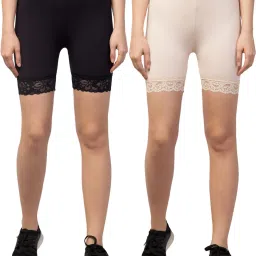 Pack of 2 Solid, Self Design Women Black, Beige Night Shorts, Regular Shorts, Swim Shorts, Gym Shorts-29