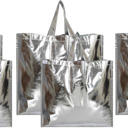 Silver Shiny Shopping Re-usable Eco-Friendly Hand Bag,Small & Large Size-Pack of 6 (Silver) Pack of 6 Grocery Bags-7