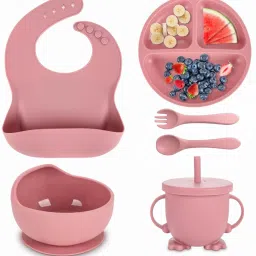 6 Pcs Silicone Baby Feeding Sets Baby Weaning Set Suction Bowl Cup Fork & Spoon- Silicone-21