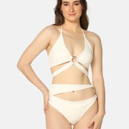 Two piece Ring Design Solid Women Swim-dress White Swimsuit-image-42