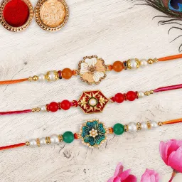 Designer LMR-R-11-12-13 Kundan, Mauli Thread, Gold Finish, Pearl Rakhi, Chawal Roli Pack, Greeting Card Set-17