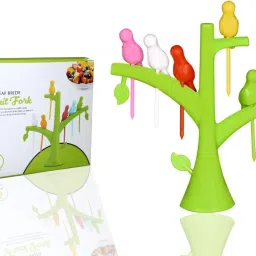ajay enterprises Bird-Shaped Fruit Fork , 1 Set , 6 Pieces with Decorative Tree Stand Plastic Fruit Fork image 4
