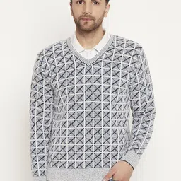 duke Men Striped, Checkered V Neck Blue Sweater-picture-20