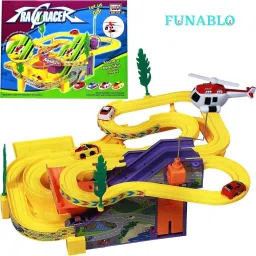 Track Racer Racing Car Set with 4 Miniature Cars Rotating Helicopter .-3