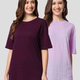 Pack of 2 Women Solid Round Neck Cotton Blend Black, Purple T-Shirt-image-0