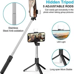 Wrapo R1s Bluetooth Selfie Sticks with Remote and Selfie Light, 3-in-1 Multifunctional Selfie Stick Tripod Stand Mobile Stand Compatible with All Phones (Black) Bluetooth Selfie Stick image 2