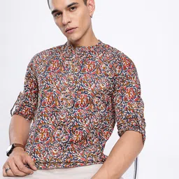 Anouk Rustic Band Collar Ethnic Motifs Printed Roll-Up Sleeves Kurta-image-91