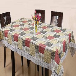 CASA-NEST Beige Geometric Printed Plastic 4-Seater Table Cover-14