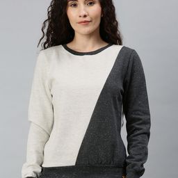 Campus Sutra Women White & Charcoal Grey Colourblocked Pullover Sweatshirt-image-56