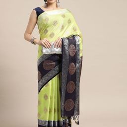 MIMOSA Lime Green & Black Ethnic Motifs Zari Art Silk Kanjeevaram Saree-image-28