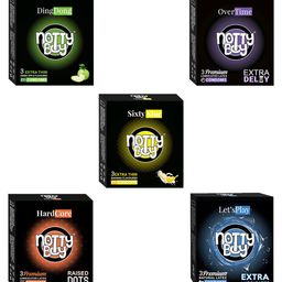 noTTy Boy Set of 5 Extra Lubricated-Raised Dots -Banana Flavour Condoms-3Pcs each-6