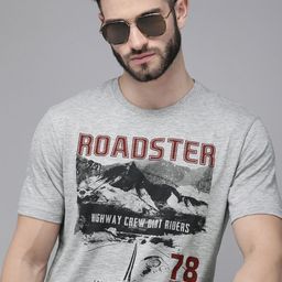 Roadster Men Grey Printed Pure Cotton T-shirt-image-34