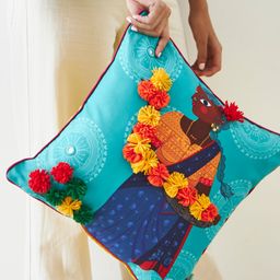 Chumbak Blue & Orange Single Flower Vendor Square Cushion Cover-picture-55