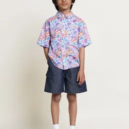 The Tribe Kids Boys Floral Printed Spread Collar Pure Cotton Oversized Beach Wear Shirt-image-65