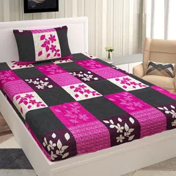 Urban Magic Violet & Black Floral 128 TC Single Bedsheet with 1 Pillow Cover-image-69