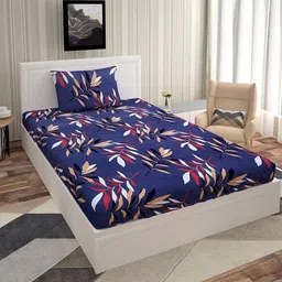 Urban Magic Blue & Black Floral 160 TC Single Bedsheet with 1 Pillow Cover-image-8