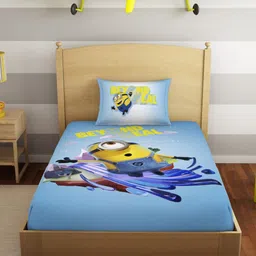 SPACES Blue & Yellow Cartoon 180 TC Cotton Single Bedsheet with 1 Pillow Cover-image-30