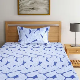 Arrabi Blue & White Floral 300 TC Fitted Single Bedsheet with 1 Pillow Cover-image-89
