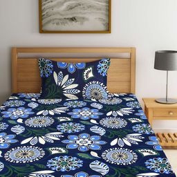 Arrabi Blue & White Floral 300 TCFitted  Single Bedsheet with 1 Pillow Cover-image-111
