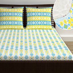 Divine Casa Yellow & Blue Floral 144 TC Queen Bedsheet with 2 Pillow Covers-image-76