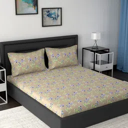 MASPAR Beige & Blue Floral 160 TC Cotton 1 Queen Bedsheet with 2 Pillow Covers-53