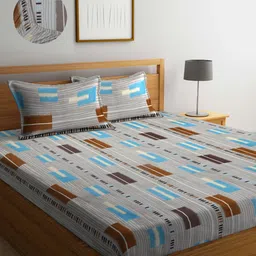 Arrabi Grey & Blue Geometric 300 TC Fitted King Bedsheet with 2 Pillow Covers-image-88