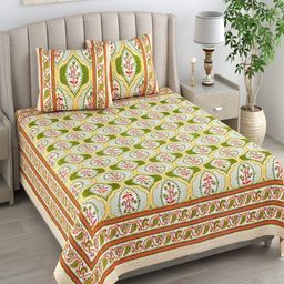 Bombay Spreads White & Green Floral Cotton 180 TC King Bedsheet & 2 Pillow Covers-image-41