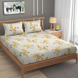 CHHILAKIYA Beige & Yellow Floral Cotton  210 TC King Bedsheet with 2 Pillow Covers-image-41