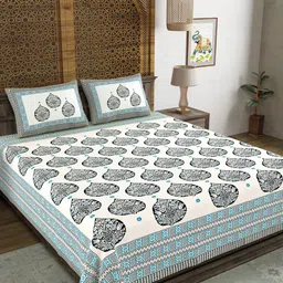 Aura Turquoise Blue Ethnic Motifs Cotton 120 TC King Bedsheet With 2 Pillow Covers-image-89