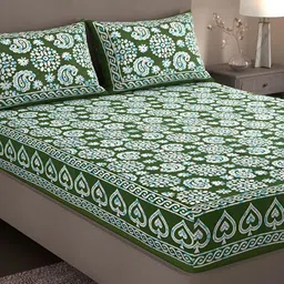 Homez Sparrow Green Ethnic Motifs Pure Cotton 160 TC King Bedsheet With 2 Pillow Covers-image-77