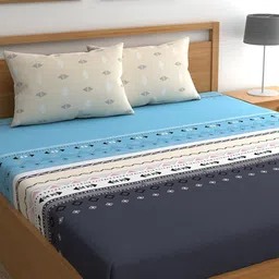 CHHAVI INDIA White & Blue Geometric Ultra Soft 210 TC King Bedsheet with 2 Pillow Covers-36