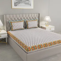 Wayne Martin Cream-Coloured & Red Floral Cotton 240 TC King Bedsheet With 2 Pillow Covers-image-26