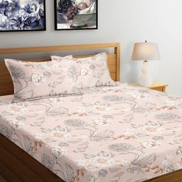Arrabi Beige & Grey Floral 300 TC King Bedsheet with 2 Pillow Covers 130 GSM-32