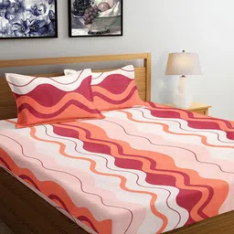 Arrabi Pink & Peach Coloured Striped 300 TC King Bedsheet with 2 Pillow Covers 130 GSM-20