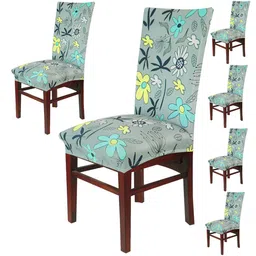 HOKIPO Grey & Blue 6 Pieces Floral Printed Stretchable Elastic Chair Covers-image-68