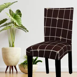 HOUSE OF QUIRK Set Of 6 Brown & White Checked Non-Slip Removable Chair Covers-8