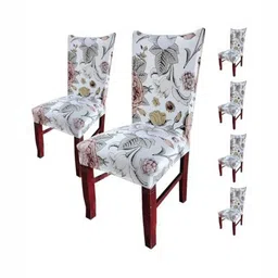 HOUSE OF QUIRK Beige & White 5 Pieces Floral Printed Stretchable Chair Covers-image-20